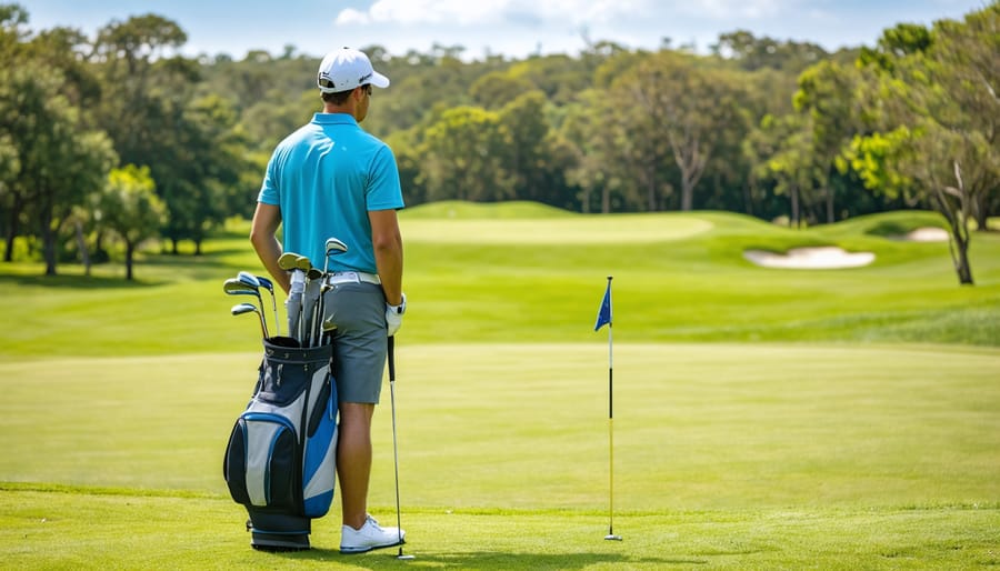 A golfer strategizing on a lush course with various clubs, representing the art of club selection and strategy planning in golf.