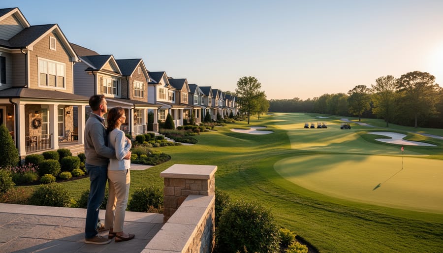 Family standing in front of their golf community home with golf course in background