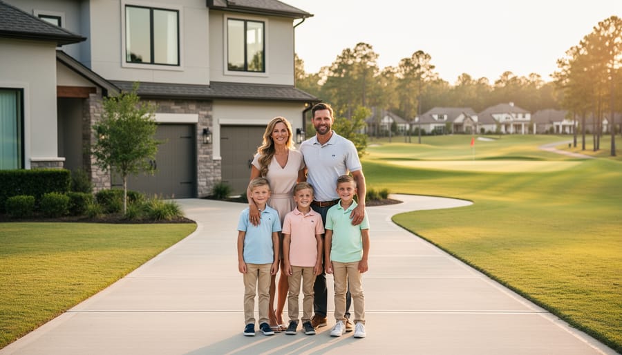 Young family on the driveway of a modern golf community home, with a softly blurred fairway and flag in the background at golden hour.