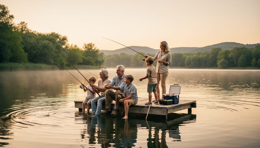 Family fishing by a lake, with a parent helping a child while other family members sit nearby with gear.