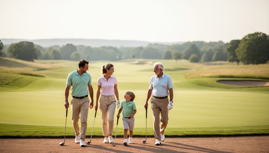 A multigenerational family walks together on a golf fairway, smiling and chatting while holding golf clubs.