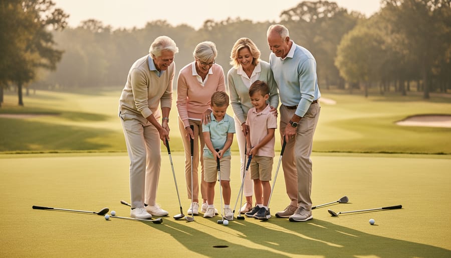 Grandparent, parent, and child on a golf course working together on a putt during a family outing.