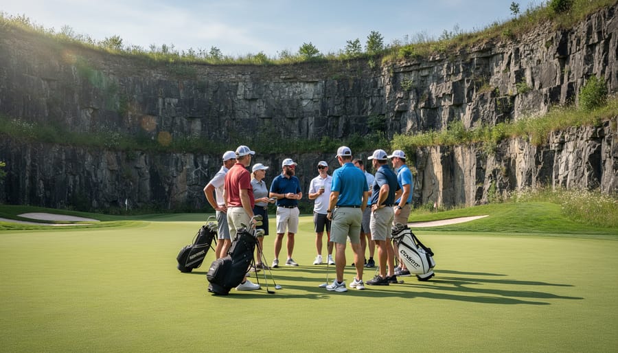 Business group in golf attire talking near a quarry tee box with rocky terrain in the background