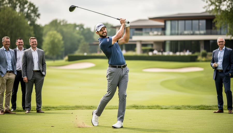 Business golfer completing a smooth three-quarter swing on a golf course tee box with colleagues nearby, representing networking and confidence.