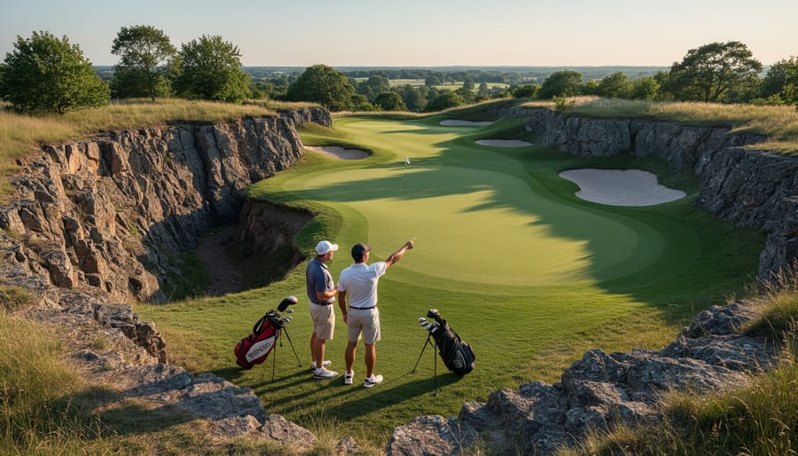 Golf ball and putter near a quarry green with exposed rock outcrops in the background