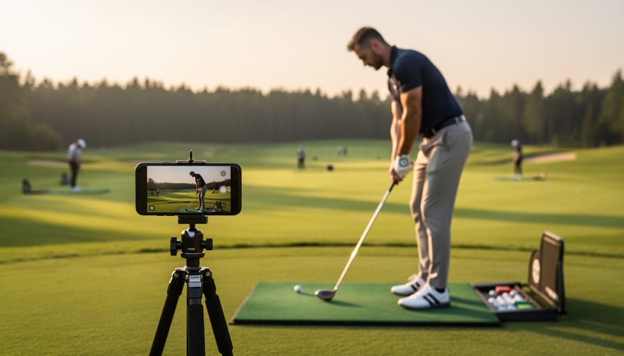 Golf ball on the grass next to a smartphone on a tripod for recording a swing