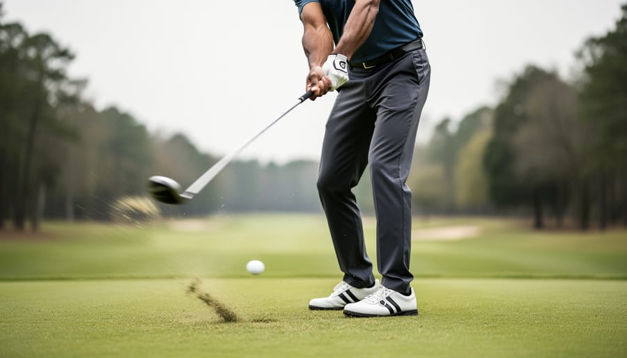 Golfer captured at impact showing weight shifting from the trail foot to the lead foot, with the club and ball near the ground on a golf fairway.