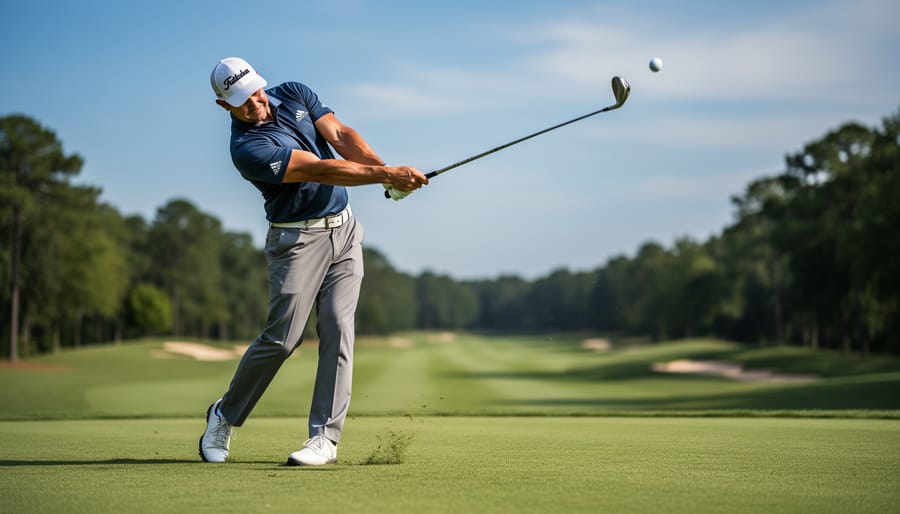 Golfer captured in a powerful follow-through position on a golf course fairway
