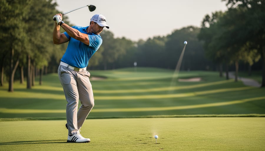Golfer in mid-swing follow-through on a fairway, illustrating forward weight movement during impact.
