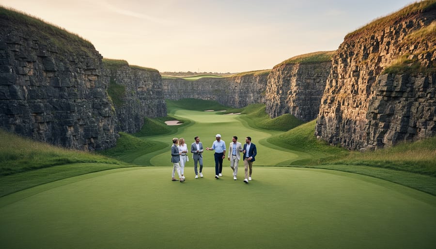 Golfer pair walking along a quarry golf fairway with exposed limestone rock and natural terrain
