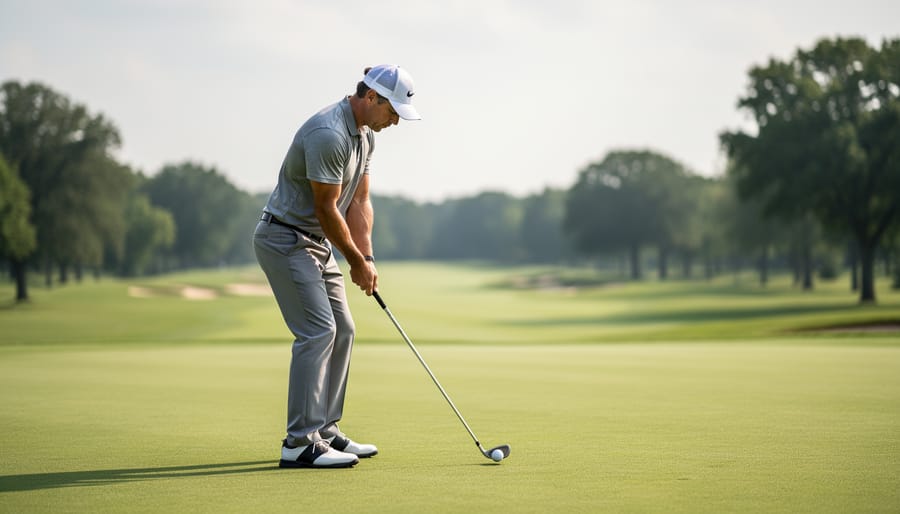 Golfer set up at address on a fairway, showing an athletic stance before starting the swing.