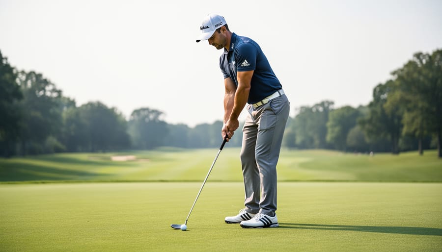 Golfer standing in a simple address position on the tee box with the ball placed ahead, club held steadily.