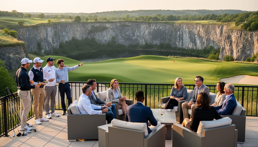 People networking on a quarry golf clubhouse patio with a scenic landscape in the background