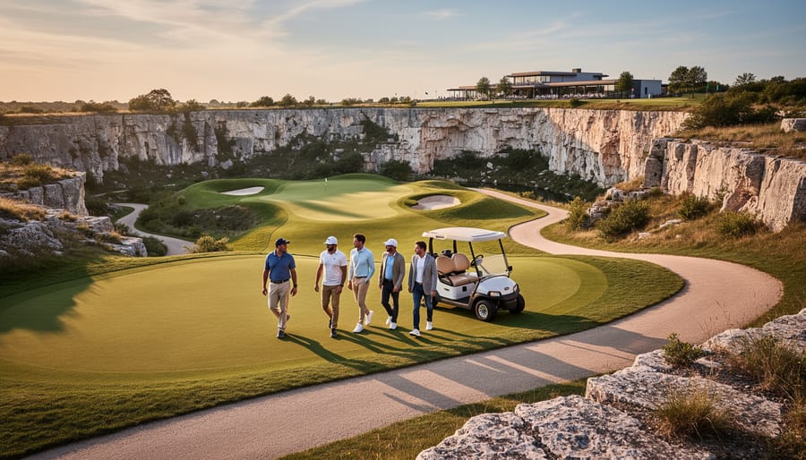 Business-casual golfers walking along a limestone quarry fairway toward an elevated green with exposed rock walls in the background.