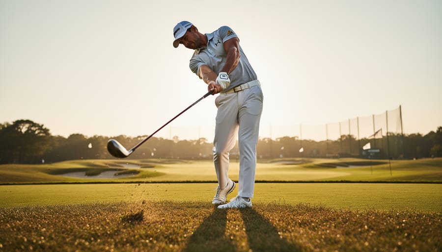 Low-angle photo of a golfer captured in a controlled follow-through swing position on a golf course, with warm sunlight and a blurred background.