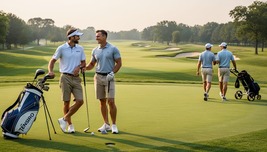 Two business professionals in golf attire handshake near the fairway while holding golf clubs.