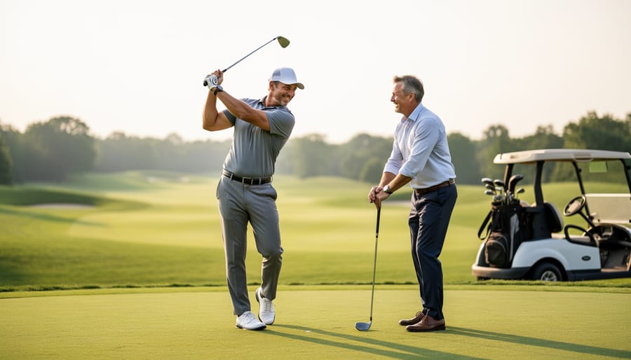 Two golfers in business-casual attire discussing near a practice green while reviewing swing footage