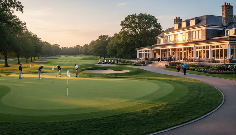 Clubhouse and putting green on a classic golf course at golden hour