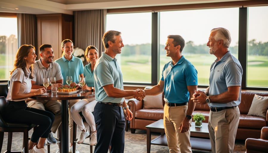 People socializing on a golf clubhouse veranda near golf bags and handshake greeting