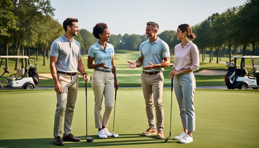 Four business professionals with golf clubs standing on a fairway, talking and smiling