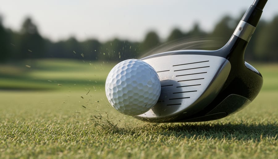 Close-up of a golf ball near impact with the club and golfer’s hands in the foreground