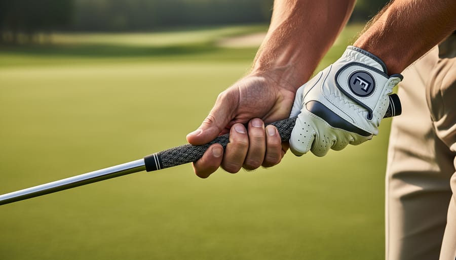 Close-up of a golfer’s hands holding a leather golf club grip with an iron head nearby on a grassy tee