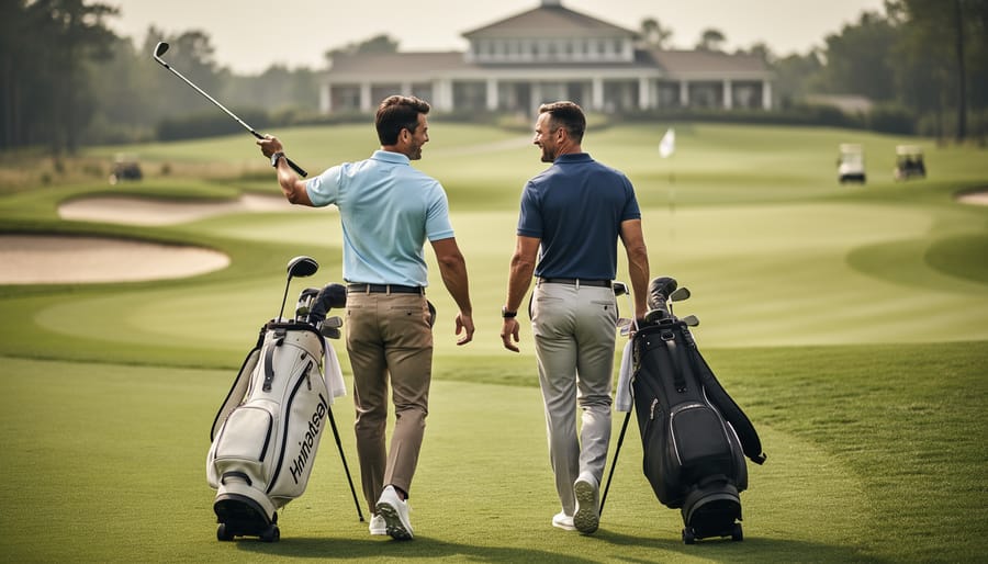 Two business professionals walking together on a golf fairway with clubs, speaking in a relaxed moment while looking toward the green.