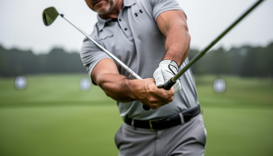 Close-up side view of a golfer’s lead wrist and forearms during a golf swing transition, showing controlled wrist hinge and club alignment.