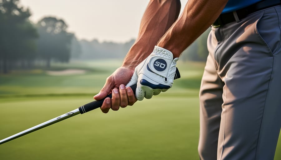 Golfer at address showing hands and lead wrist position holding a driver on a golf course