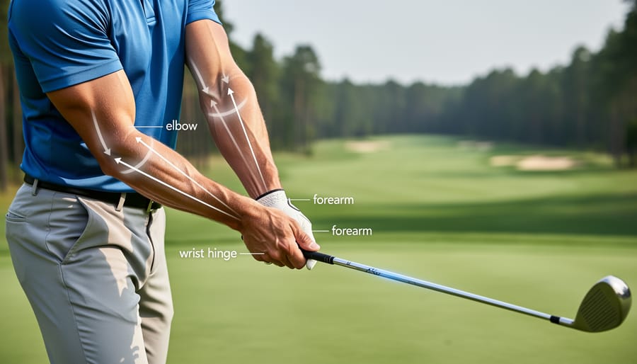 Side view of golfer during downswing focusing on lead elbow, forearms, and club position
