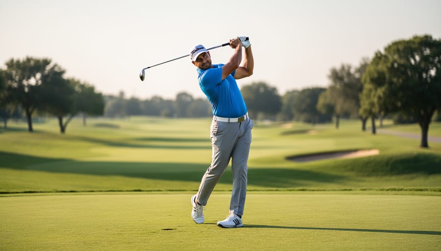 Golfer in a follow-through finish position on a golf course during golden hour
