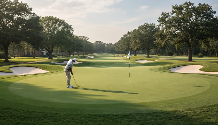Golfers preparing to putt on an undulating green