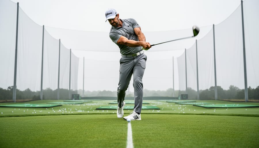 “Golfer performing a running-start Happy Gilmore-style swing on a driving range, captured mid-action with an energetic follow-through.”