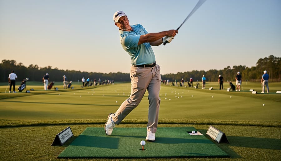 Athletic golfer mid-swing at a driving range practicing a Happy Gilmore-style running swing