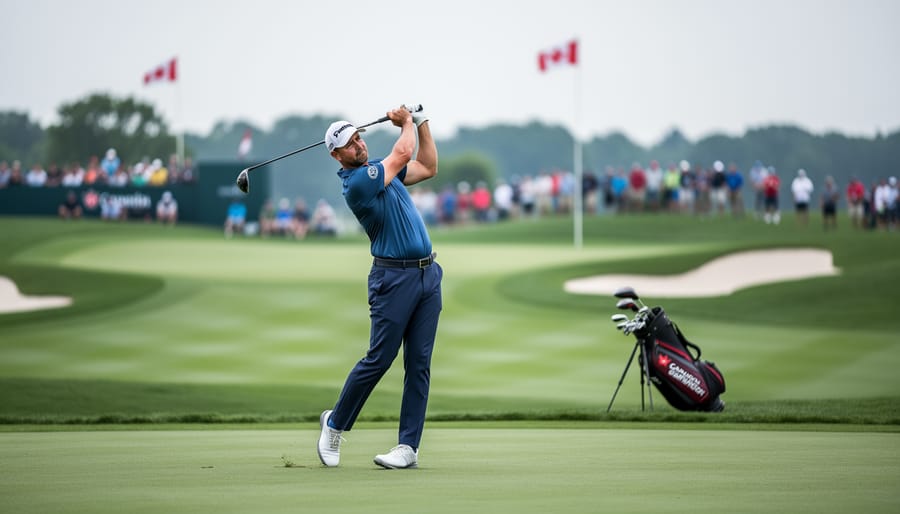 Golfer in mid-swing on a manicured fairway with a blurred tournament green in the background.