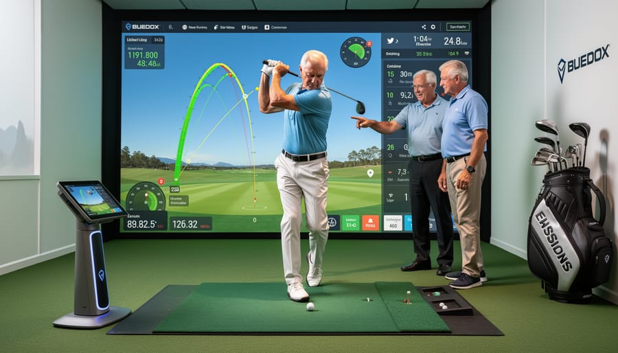 Launch monitor equipment on a golf tee with a senior golfer preparing to swing nearby