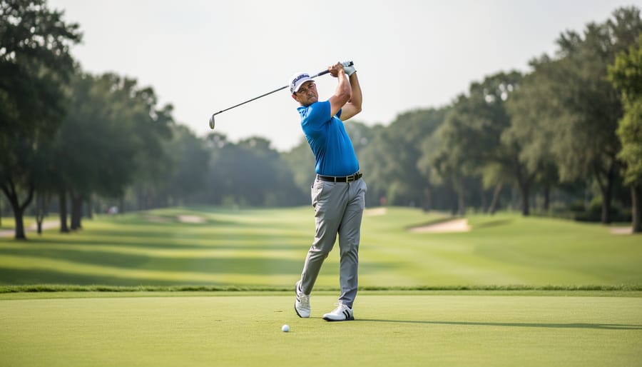 Golfer captured mid-follow-through on a fairway with trees and clubhouse blurred in the distance