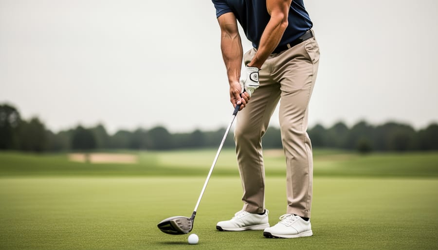 Golfer holding a driver at address on a fairway, with focus on grip and stance in soft natural daylight.