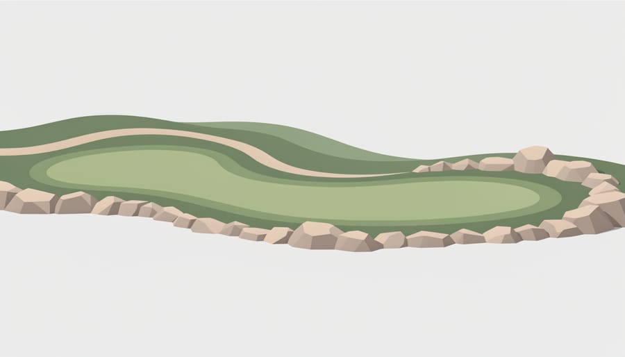 Close-up of natural stone edging and native grasses beside a contoured golf fairway