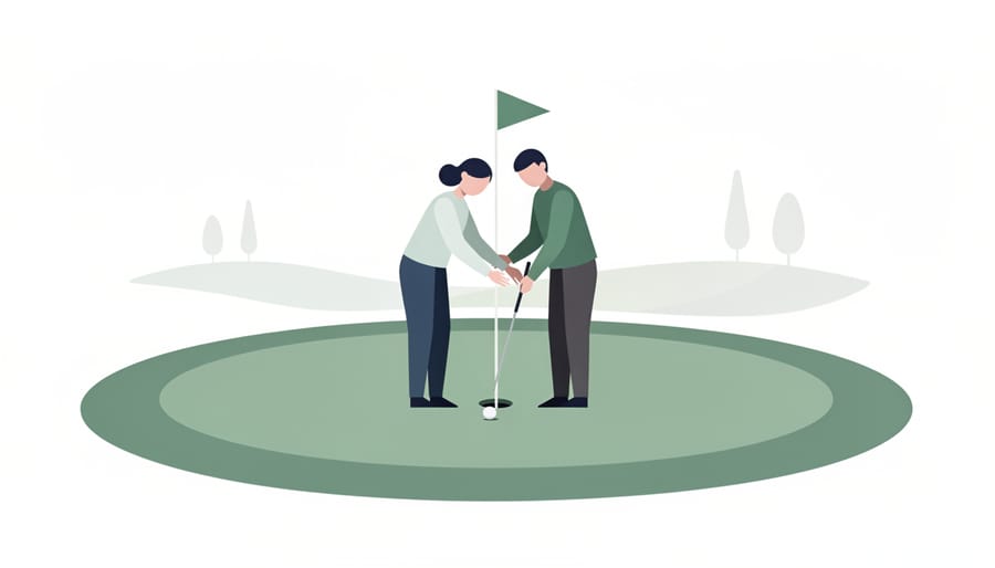 Close-up of hands teeing golf balls on a putting green