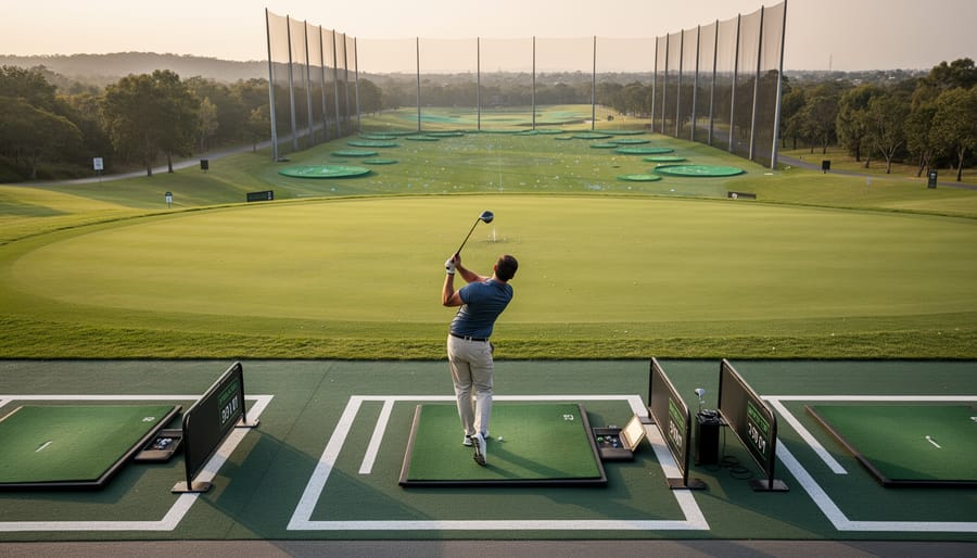 Wide view of an uncrowded driving range showing safety space around a golfer practicing