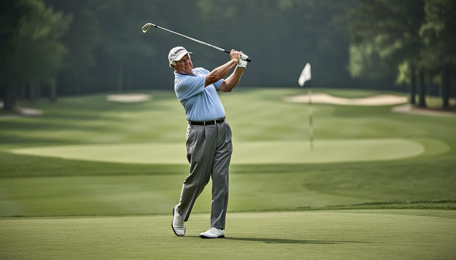 Golfer in a full follow-through position on a fairway during golden hour