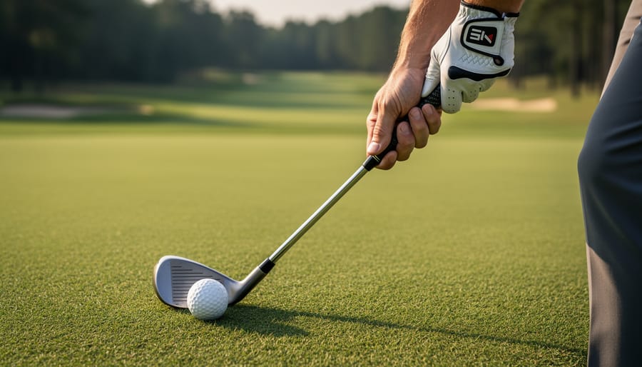 Close-up of gloved hands and golf club showing the start of a forward press with the ball ready to tee off