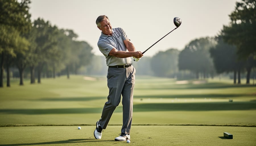 Golfer captured mid-swing on a fairway, practicing a smooth Sam Snead–inspired golf swing with the club just past the impact zone.