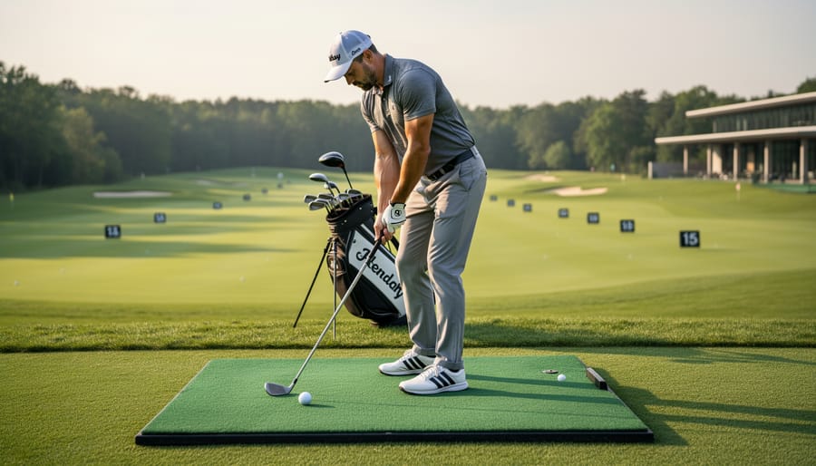 Golfer at address on a golf practice range with the ball and driver in focus
