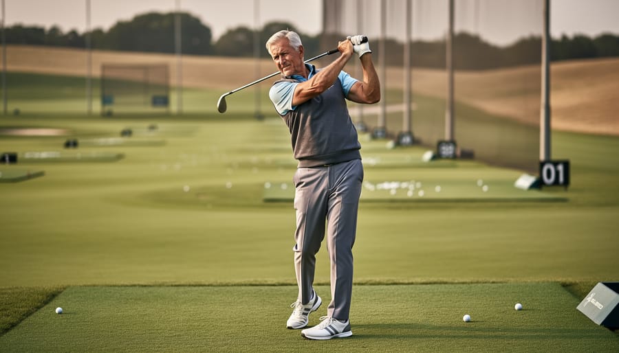 Senior golfer mid-swing at a driving range, captured from a low angle with a focused expression and blurred practice facilities in the background.