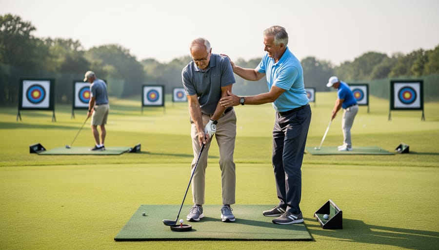 Senior golfer stretching with a resistance band near a golf green during mobility practice