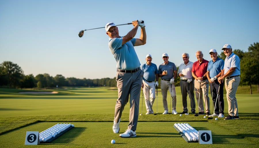 Senior golfer mid-swing on an outdoor driving range with golf bags and netting in the background