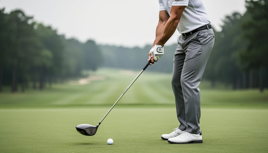 Golfer addressing the ball with lead arm and clubshaft aligned on a single plane, shot from a side angle on a fairway.
