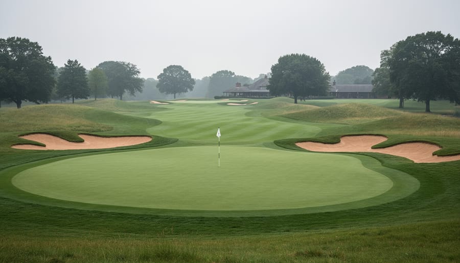 Wide view of a manicured golf fairway and green with sand bunkers and trees in the background, representing a classic Stanley Thompson-style course.